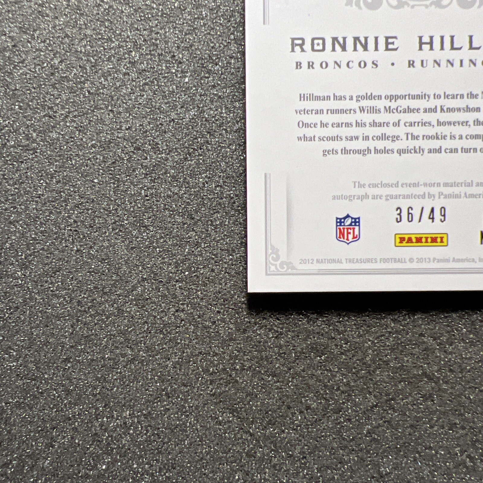 2012 National Treasures RONNIE HILLMAN #324 Rookie PATCH AUTO /49 NFL BRONCOS B view 13