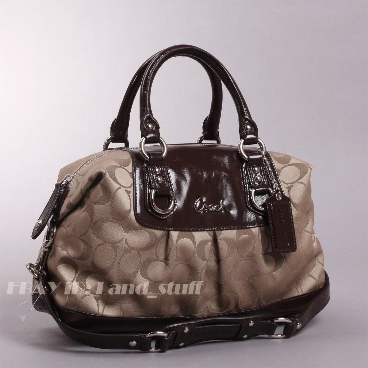 未使用級 COACH Ashley Satchel Handbag 2way Coach Handbag Ashley F15443 Signature C Satchel Khaki/Mahogany