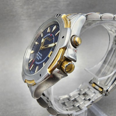 Seiko Kinetic Watch Men 38mm Blue Dial Two Tone Date Round 5M42 