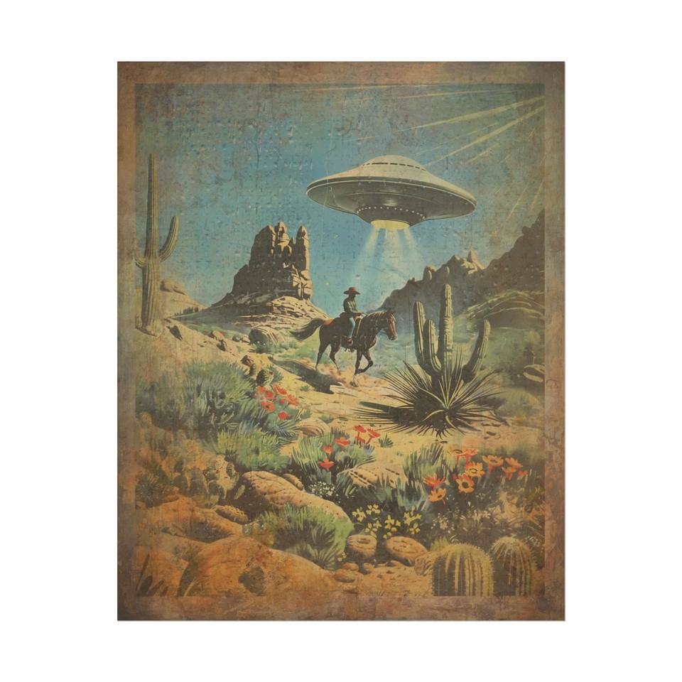 UFO Cowboy with a cactus backdrop is the unhinged genre-mashup art piece that wins every gallery wall.