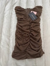 Brown Ruched Bandeau Bodycon Dress