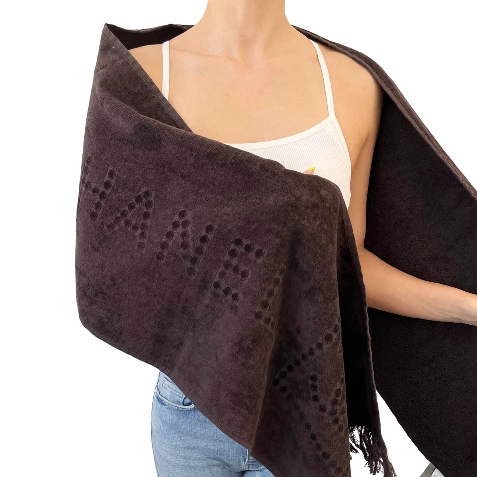 Toalla de playa Chanel Sport Vintage con logotipo marca CC flecos marrón algodón rango AB+ Foto 4 de 4