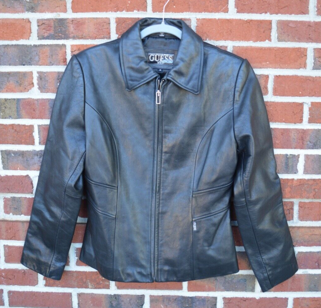 Guess Full Zip Black Soft Leather Jacket Collared Black Women's