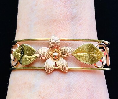 VTG Krementz Rose Gold Flower Bangle Bracelet Floral Signed