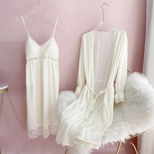New Female Long Robe Nightgown Set Sexy Lace Trim Sleepwear Satin Dress Bathrobe - Bild 9 von 39