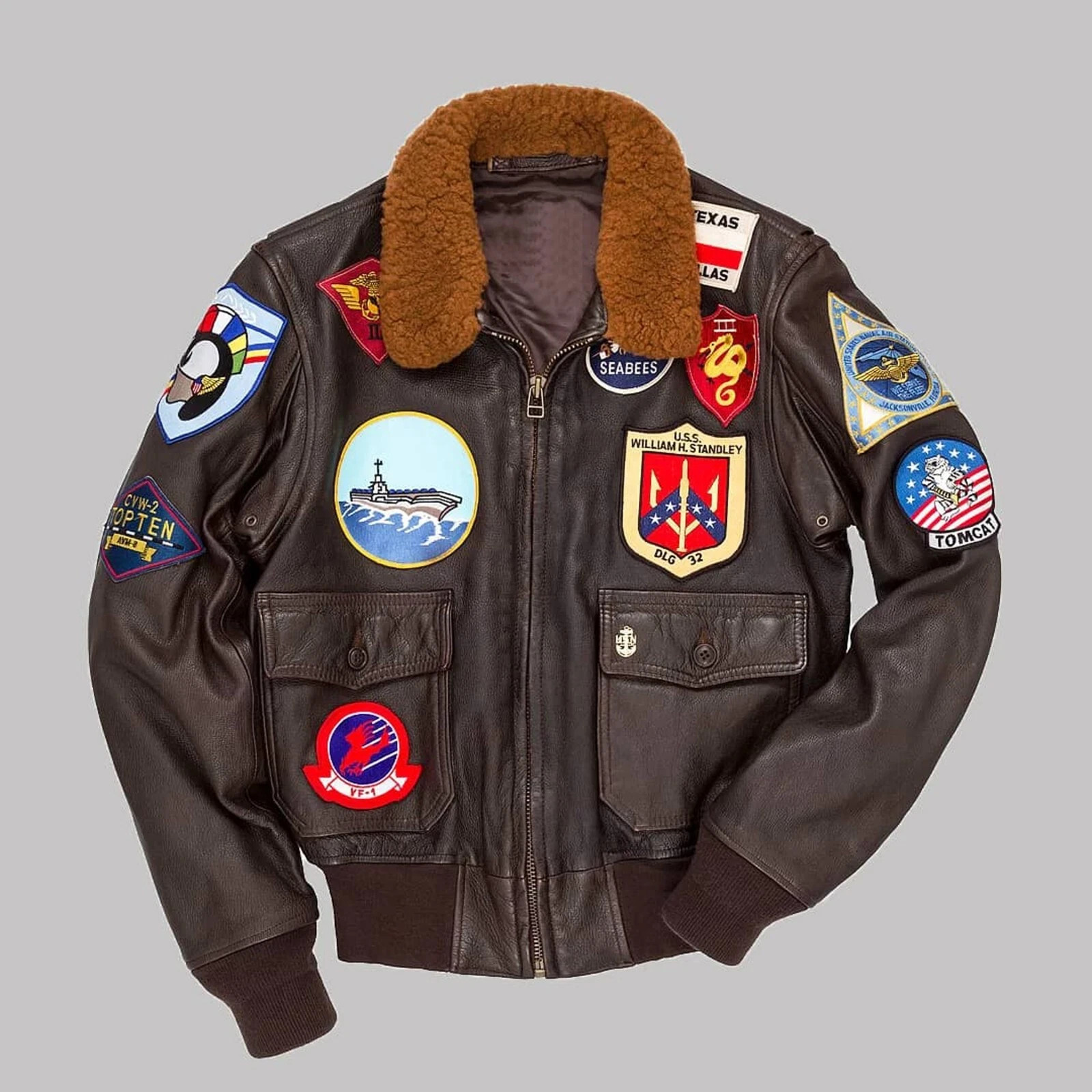 Men's Maverick Top Gun Aviator Pilot Leather Bomber Jacket With Embroidery Patch