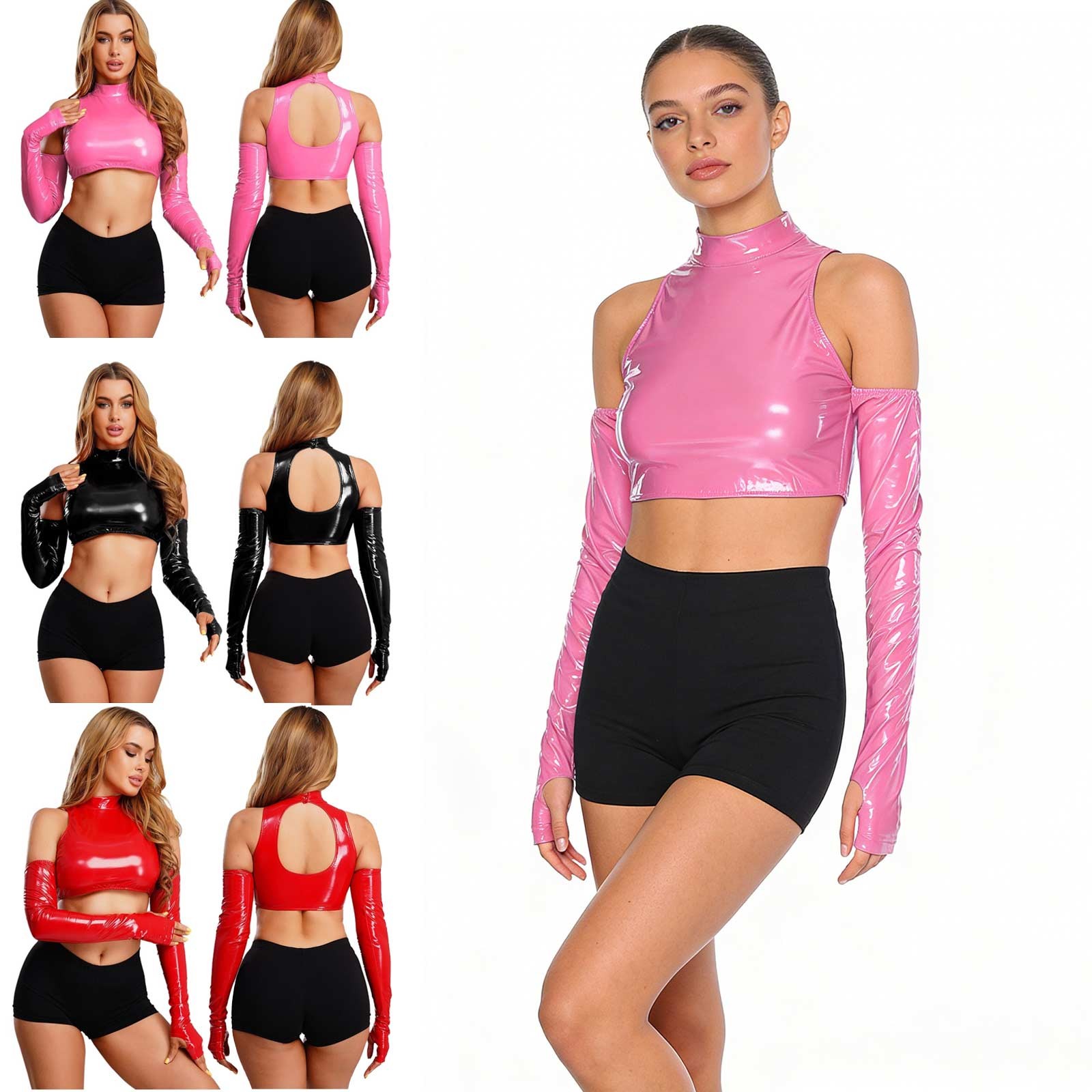 US Women's Glossy Leather Cold Shoulder Leather Crop Top Cut Out Back Blouse