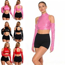 Womens Shiny Patent Leather Top Wet Look Hollow Out Crop Top with Sleeves Club