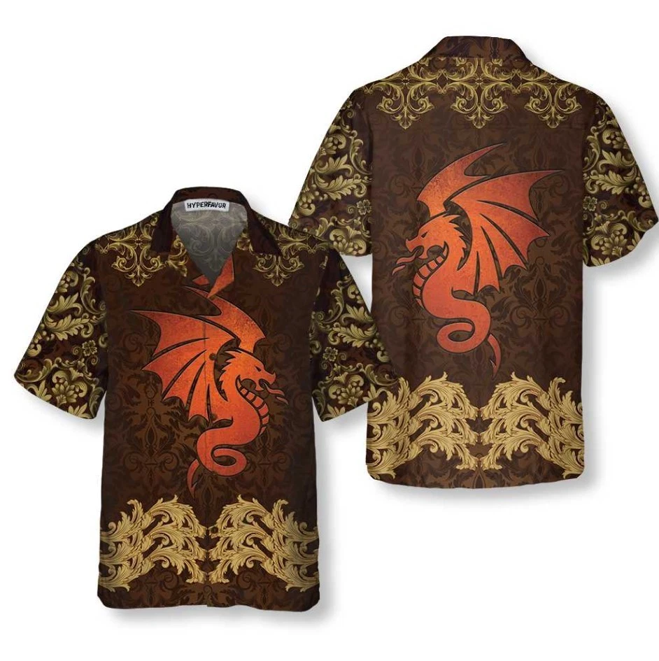 Baroque Dark Brown Dragon Hawaiian Shirt, Vintage Pattern Dragon Shirt
