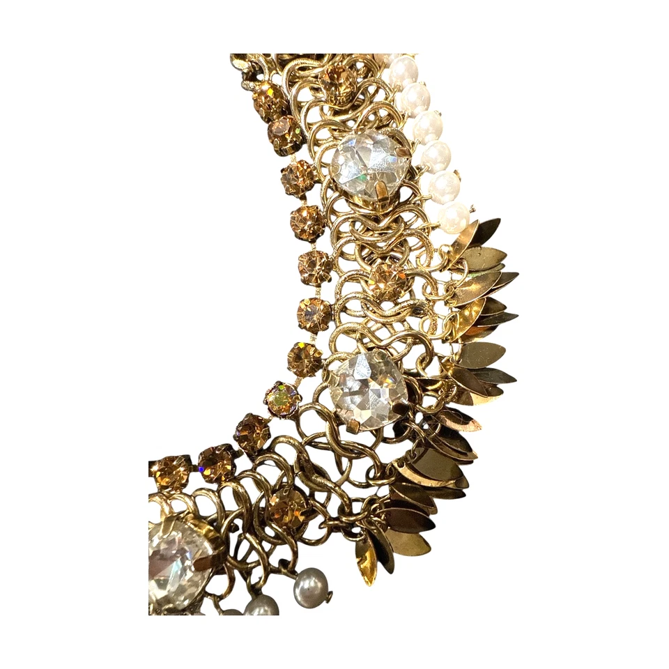 TALBOTS Gold Tone Crystal & Faux Pearl Choker Statement Necklace T471 - Image 3 of 4