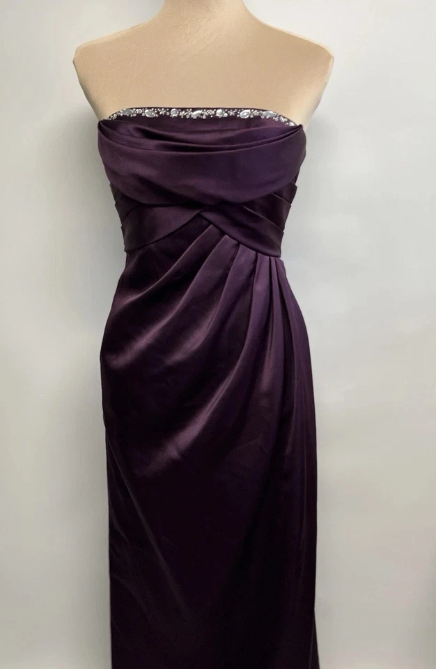 Maxi Vestido Y2K Púrpura Oscuro Ciruela Satén Talla 2 Formal Estrás Acanalado Dama de honor Foto 3 de 4