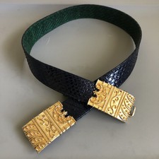 Vintage ALEXIS KIRK Green Snakeskin Belt w/ 2pc Etruscan Style Gold Buckle