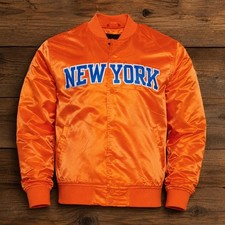 Chaqueta Universitaria New York Naranja Satén Letterman Bomber Hombre’s Estilo Vintage