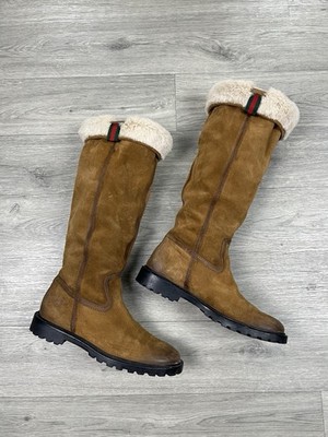 Gucci Saint Moritz Women Brown Suede Fur Lined Boot Size 37,5
