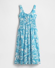Gap Smoked Waist Poplin Midi Dress Women Size L Tall Blue Teal Fit & Flare ~ New