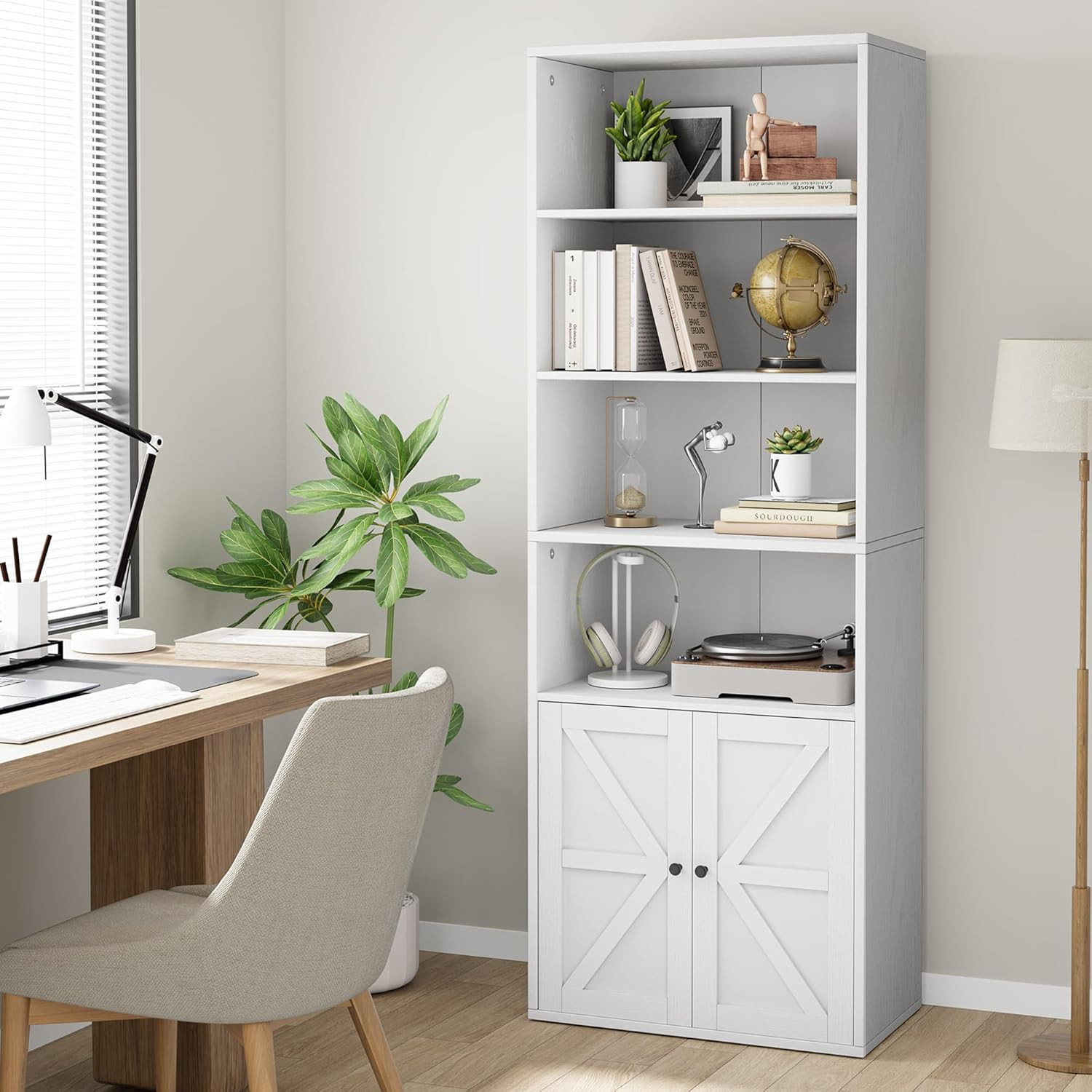 Bookcase with Doors Industrial Bookshelf 11.8In Depth Display Storage Shelves 71