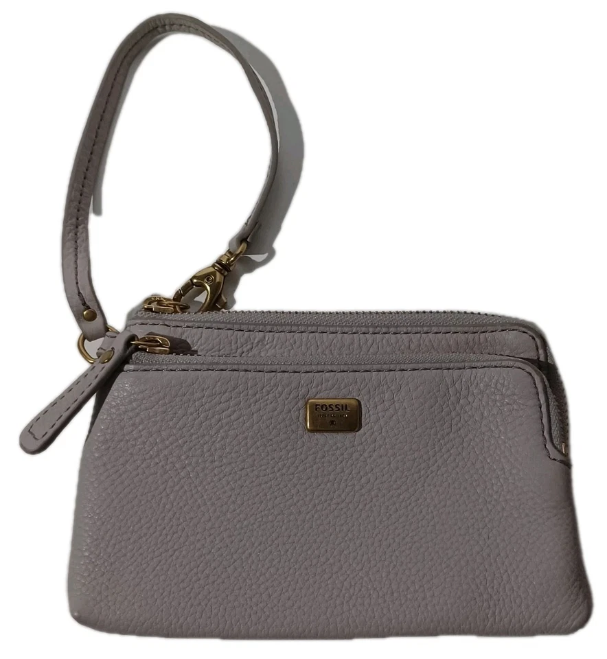 Fossil Clutch Handgelenktasche grau genarbtes Leder Scheinfaltung Reißverschluss Tasche - Bild 1 von 4