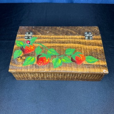 Handmade Wooden Box Hand Painted Strawberries and Vines, Hinged Top Box