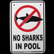 Metal Great White Shark Warning Sign NO SHARKS IN POOL Funny Swimming Wall Decor