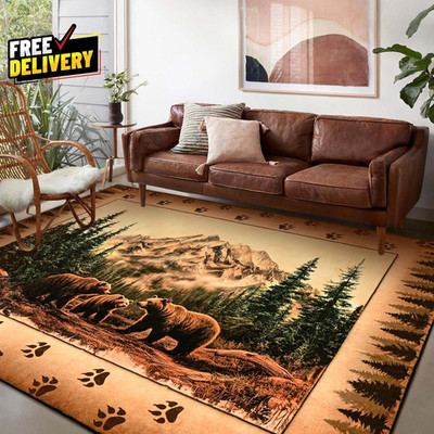 Rustic Cabin Area Rug 5x7 Farmhouse Lodge Bear Moose Deer Washable Non-Slip