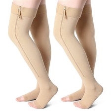 2 Pairs Open Toe Thigh High Zipper Compression Socks 20-30 mmHg Zipper Compre...