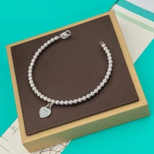 925 Sterling Silver, Silver Heart-Shaped Beaded Bracelet