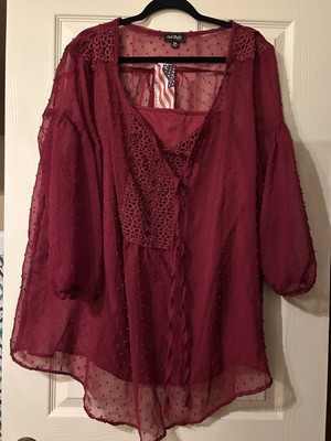 Women's 2XL Sheer Swiss Dot Burgundy Blouse Fairy Grunge Whimsy Goth