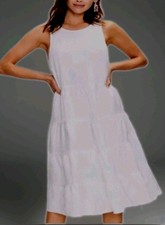  Linen Blend White Open Back Tiered Midi Dress Sleeveless Vacay Coastal L LOFT
