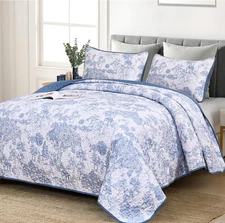 Blue Quilt Set Queen Size, 3 Pieces Botanical Bedspreads Set Lightweight Microfi