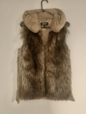 DONNA KARAN DKNY Light Buff Tan Poly-Down \u0026 Faux Fur Hooded Puffer Vest S |  eBay