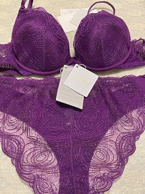 La Perla Elements 38B L Silk Lace Push Up Bra Brief Panty Set Violet Purple $980