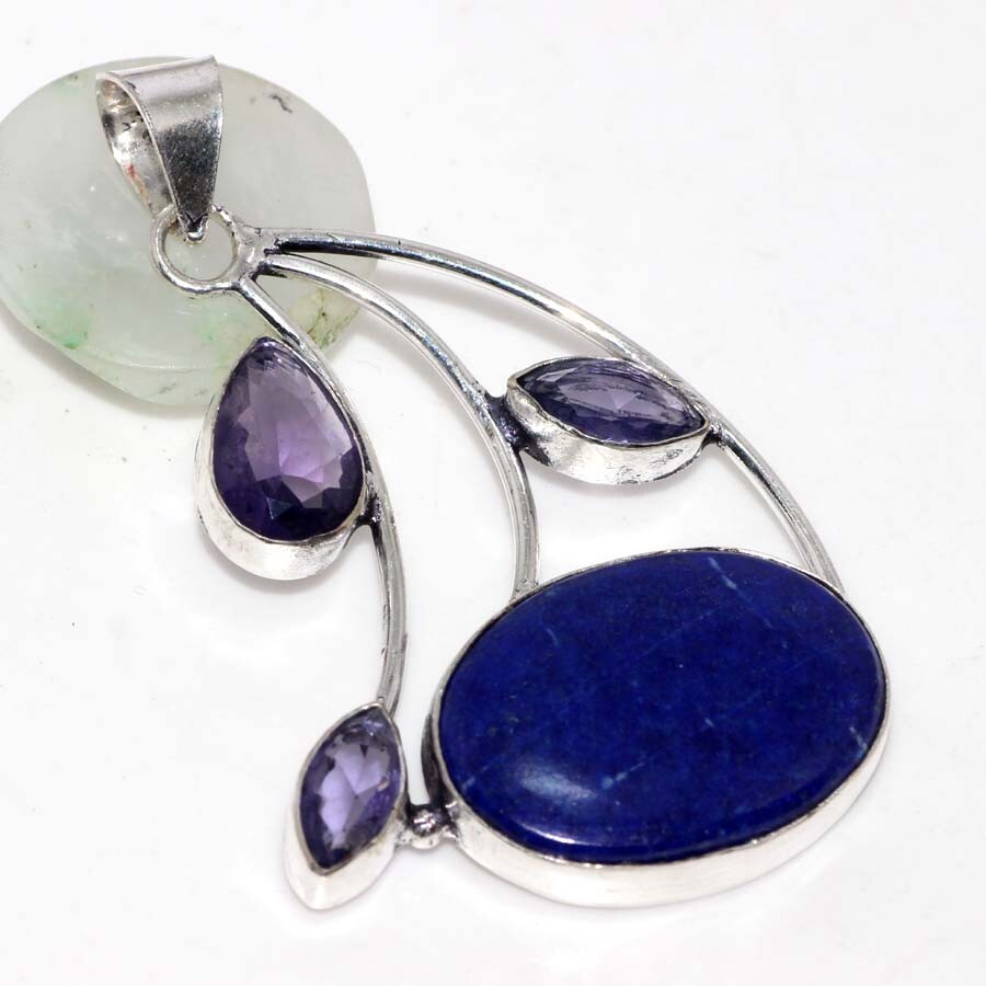 Lapis Lazuli Amethyst Silver Plated Pendant 2.3 Inch Aesthetic Jewelry JW