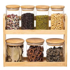 Set of Bamboo Spice Rack and Glass Jars with Lid, Perfect for Countertop Storage