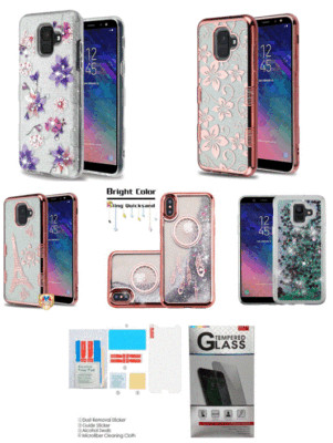 For Galaxy A6 (2018) Rose Gold Hybrid Grip Case Cover /Clear Tempered Glass Film