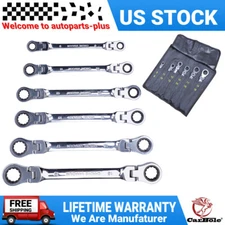 6Pc Extra Long Ratcheting Wrench Spanner Set Double Box End Flex-Head SAE Metric