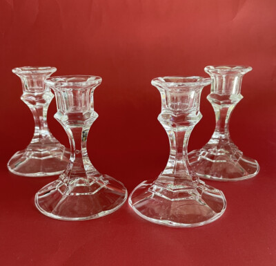 Libbey Vintage Set 4 Glass CANDLE HOLDERS 4-1/4'' Tall Clear Retro Classic