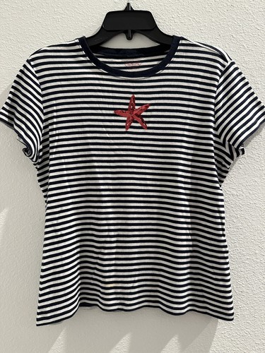 Talbots Sequin StarFish T-Shirt Short Sleeve Size Large Petite Striped Nautical