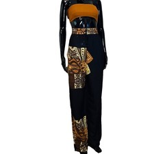 Black Vintage Brown Colored Tribal Print Wide Leg Pants