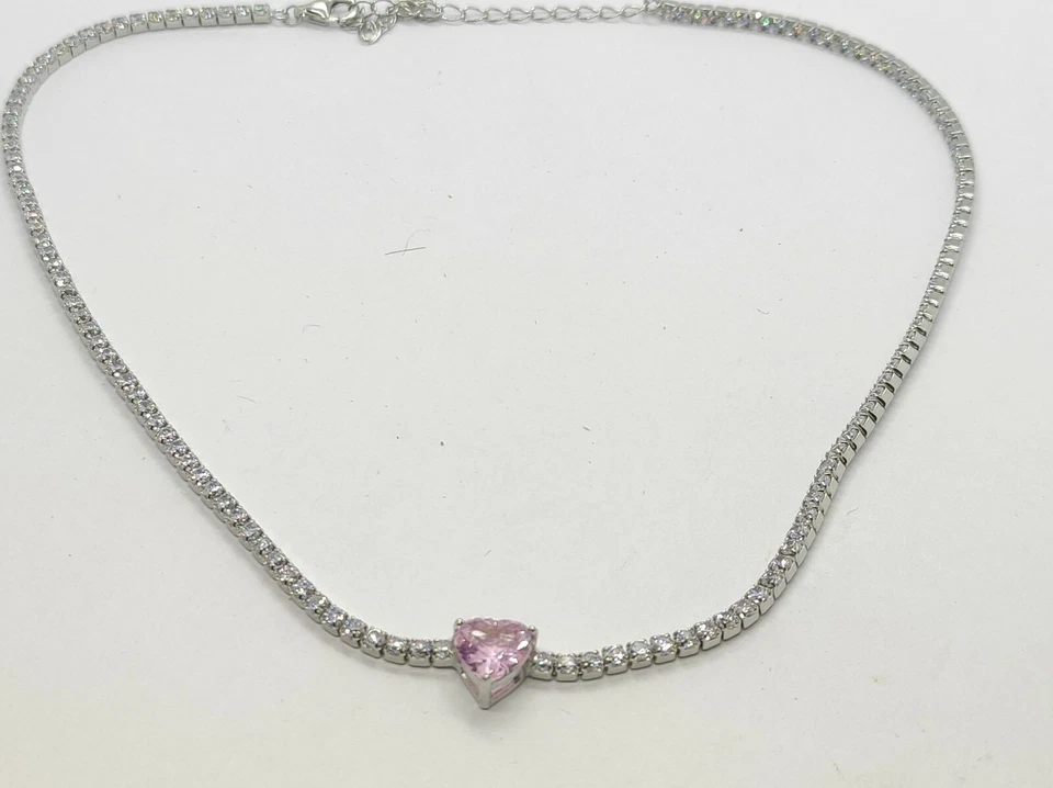 Choker collana donna tennis in Argento 925 zirconi bianchi e cuore rosa - Immagine 2 di 4
