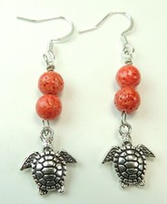 Red Coral  Turtle Earrings Handmade Ocean Jewelry