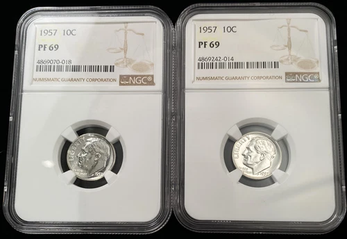 Collector Lot of 10 - 1957 Roosevelt Dime 10c Certified by NGC PF69