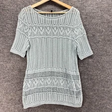 Talbots Top Women PM Petite Blue Geometric Crochet Short Sleeve Cotton Pullover