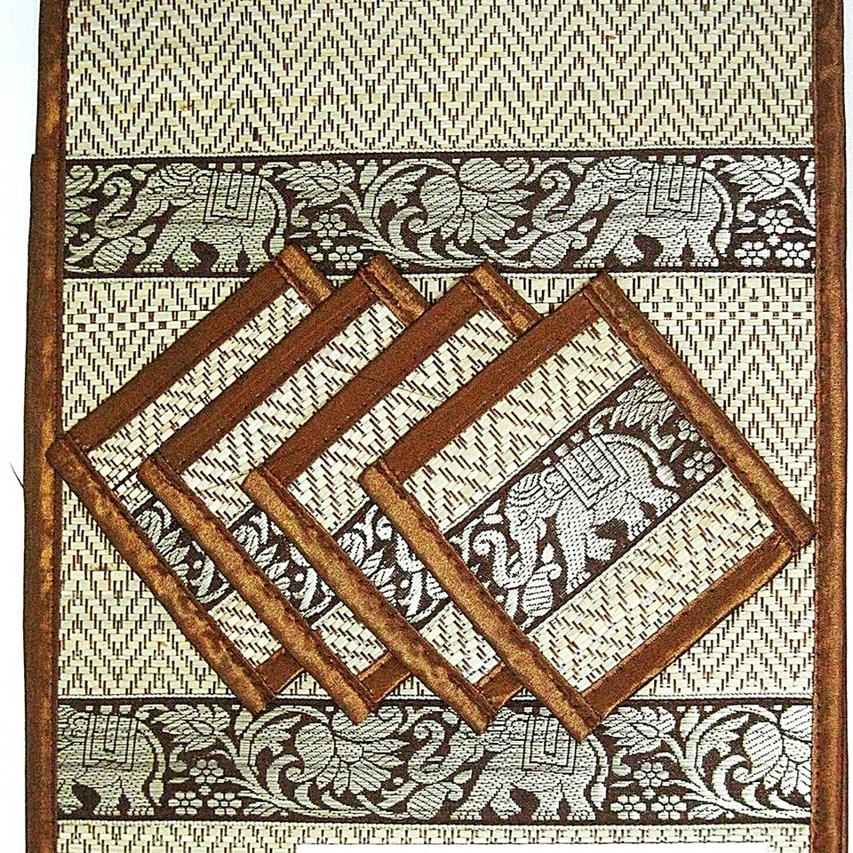 Thai Coasters Placemats Mat Dining Silk Reed Elephant Table Brown Color Set 4  - Image 2 of 4