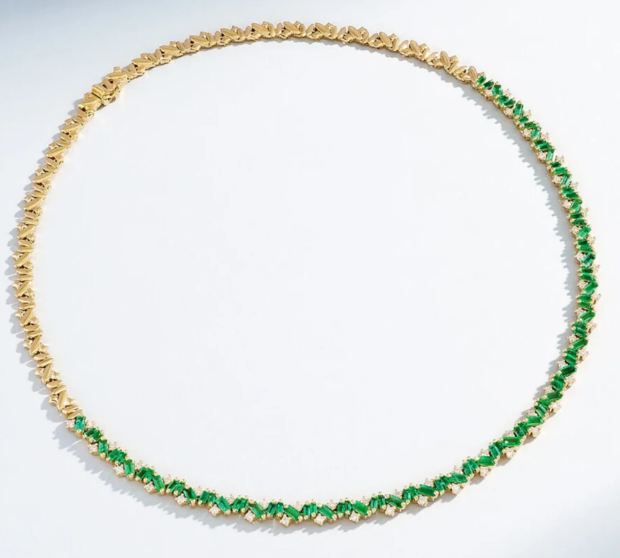 12ct Baguette Cut Simulated Emerald Zig Zag Tennis Necklace in 14k Yellow Gold Over