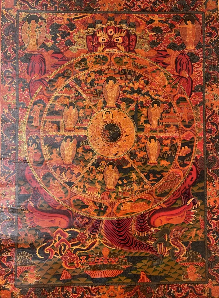 BUDDHA LIFE BHAVACHAKRA MANDALA BARNIZADO AL ÓLEO PINTURA THANGKA TIBETANA ANTIGUA Foto 2 de 4