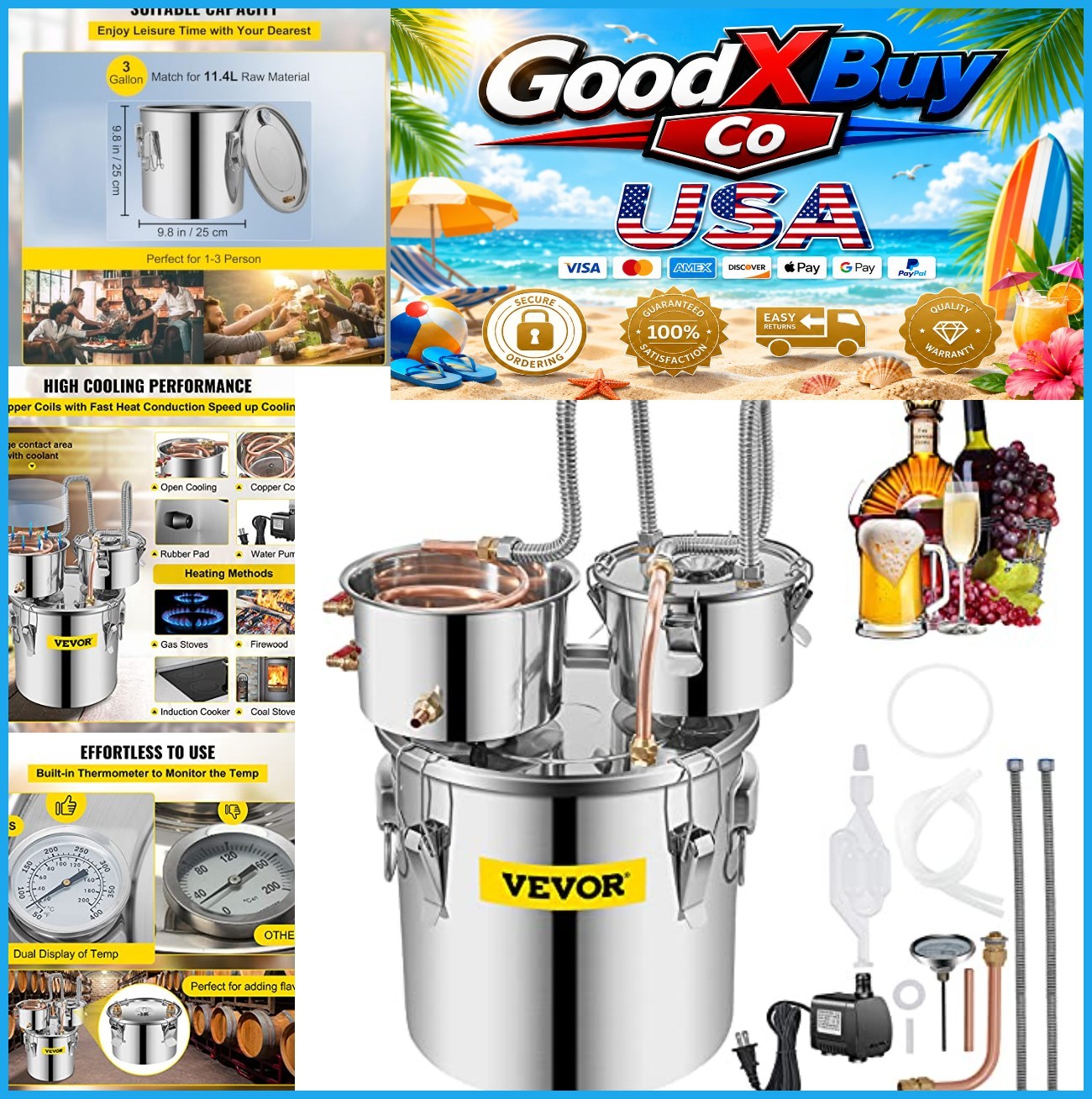 3 Gallon Alcohol Still Stainless Steel Distiller Copper Tube Thermometer