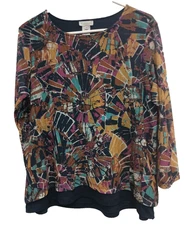 Multiples Womens Wearable Art Top Medium Multi Abstract Mesh Layered 3/4 Sleeve