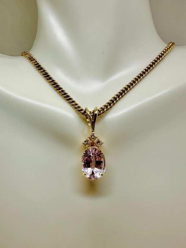 6.7 Carat Pink Kunzite Diamond Pendant Necklace Antique 14K Gold