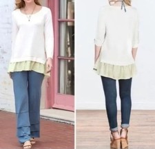 NWOT Matilda Jane XL Cream Green Striped Ruffle VENTRILOQUIST BLOUSE/TUNIC TOP
