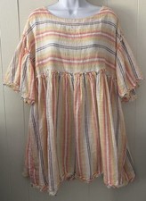 Free People Summer Nights Striped Tunic Mini Dress Sz M Raw Hem Beachy *READ